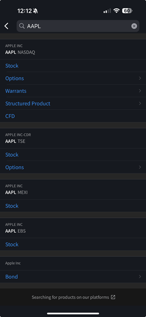 The symbol product list on the iphone. 